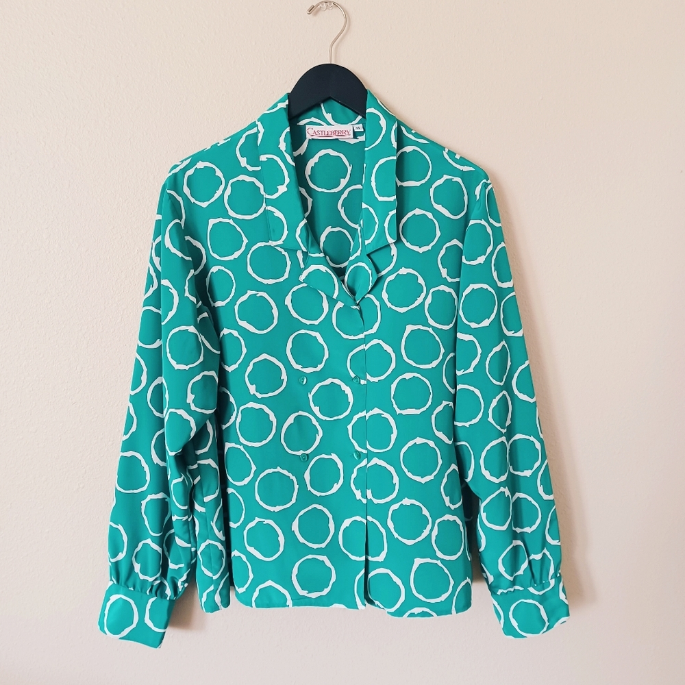 Retro Satin Double Breasted Button Up Blouse Vintage 70s 80s Green Turquoise